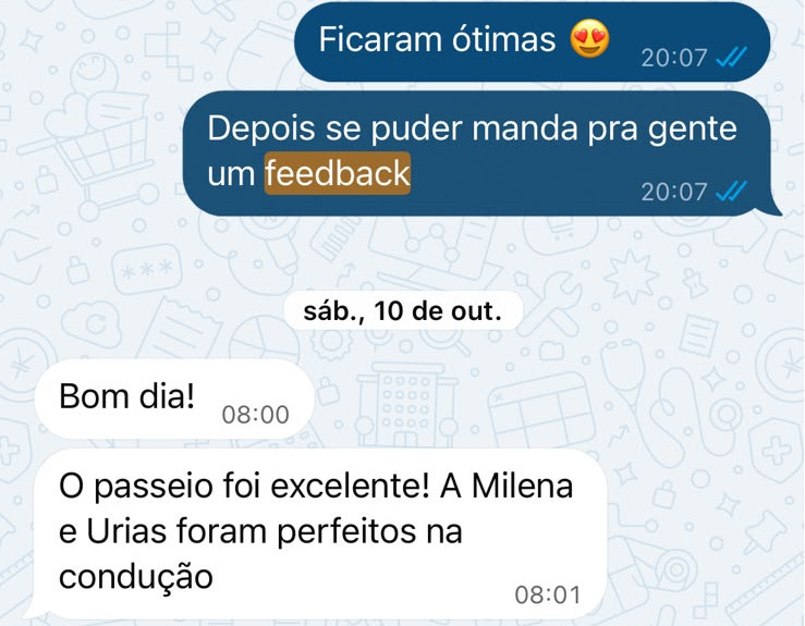 Mensagem recebida pelo WhatsApp: “O passeio foi excelente! A Milena e o Urias foram perfeitos na condução.”
