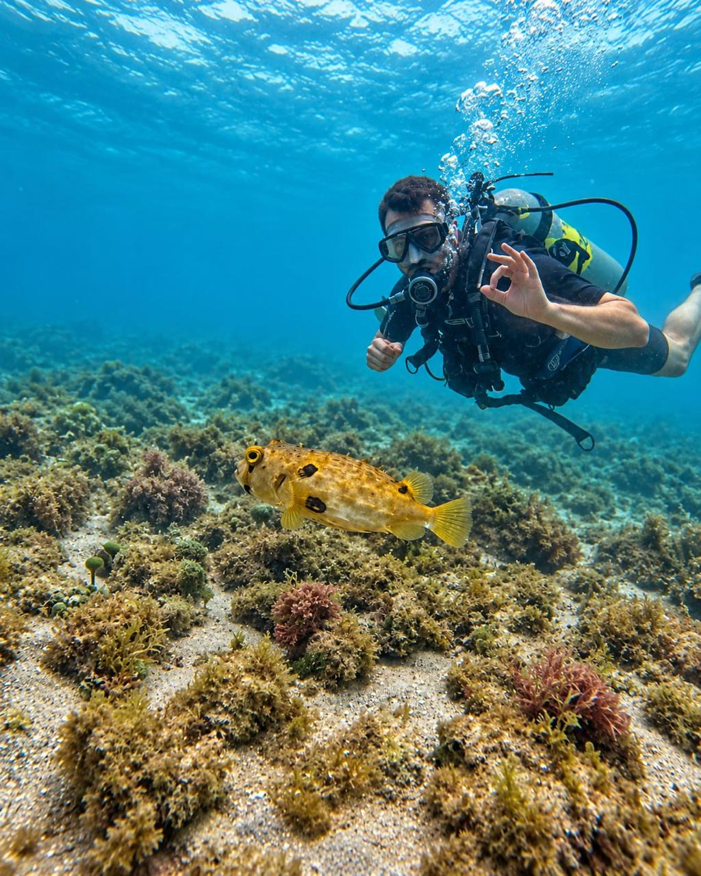 Mergulhador fazendo sinal de ok ao lado de um peixe amarelo no fundo do mar